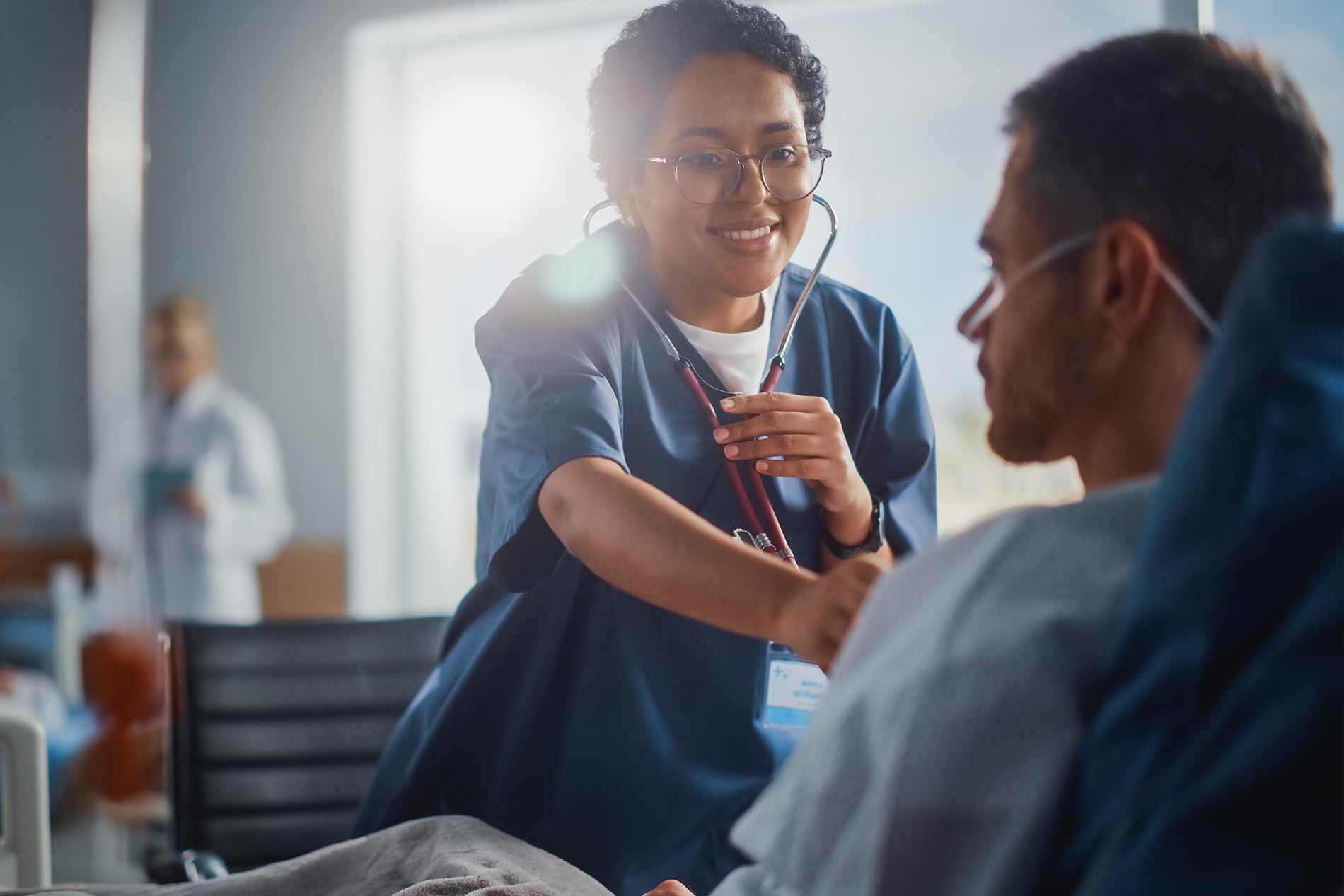 part-of-something-meaningful-cta A woman doctor checking a patient's heartbeat.