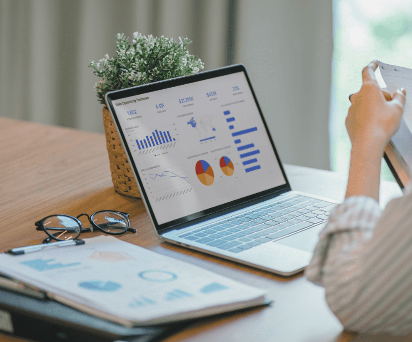 A person looking over detailed reports on their laptop.